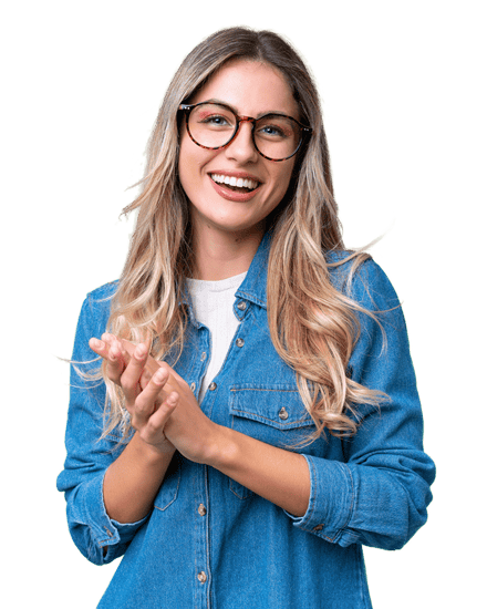 Woman smiling with hand clasped